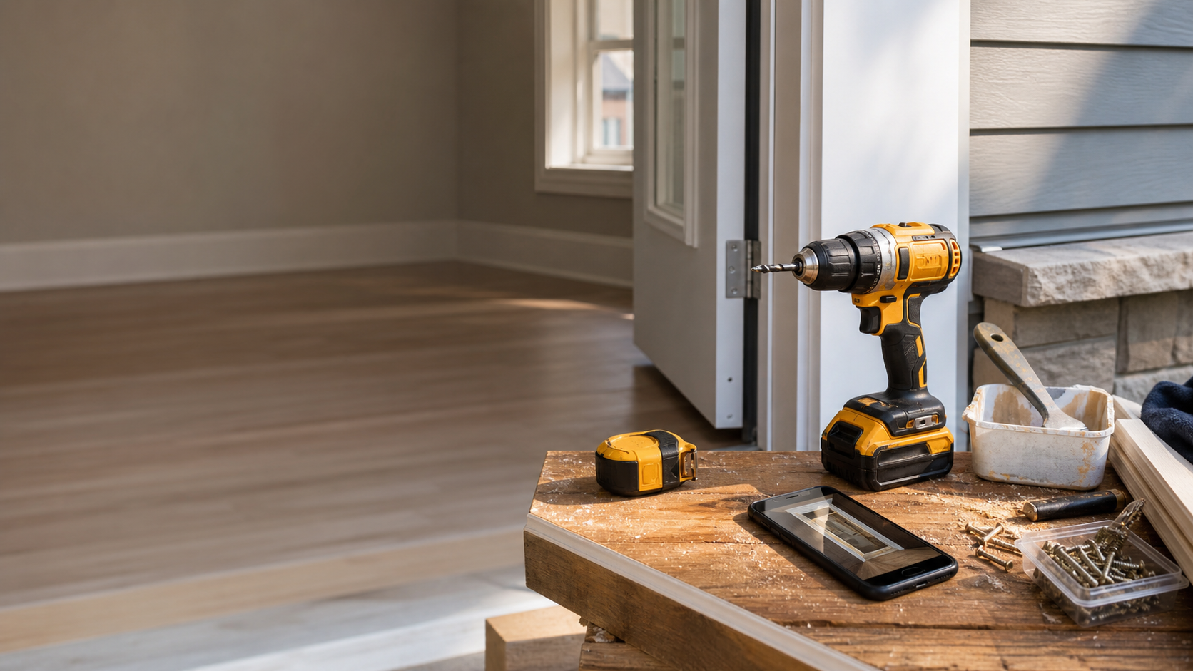 Handyman tools and trim materials set near a home doorway